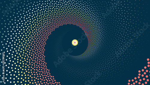 Abstract spiral dotted round vortex background in dark.