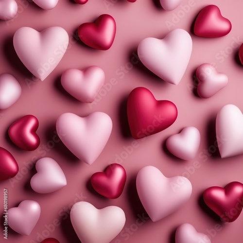 3D hearts on a pink background. Valentine's Day. flat lay.