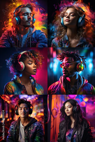 Portrait of men and women of different races, skin colors and hair colors in headphones listening.