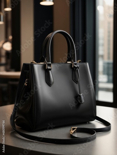photo of a black handbag standing on a light background..
