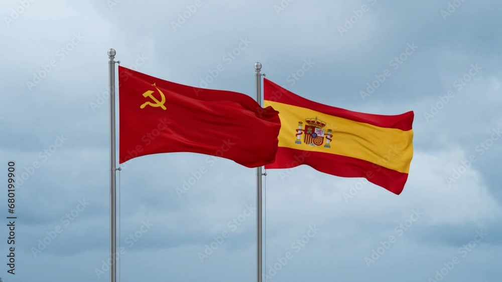 Spain and Soviet Union or USSR flag waving together on cloudy sky, endless seamless loop, two country cooperation concept Spain and Soviet Union or USSR flag waving together on cloudy sky, endless seamless loop, two country cooperation concept
