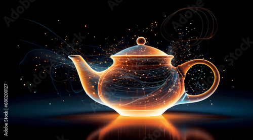 An abstract teapot glowing with warm neon lights, symbolizing comfort and warmth. Modern abstract sleek background. photo