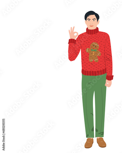 Asian man in ugly sweater. Merry Christmas vertical vector illustration