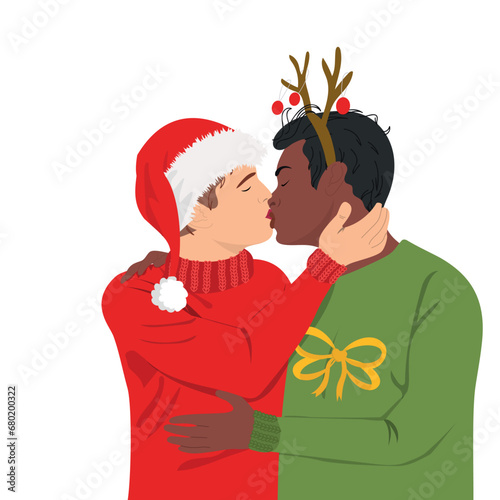 Kissing gay couple. Man falling in love. Merry Christmas vector illustration