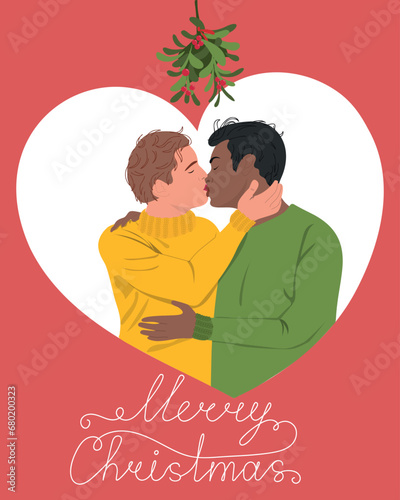 Cute Christmas card with kissing gay couple. Man falling in love. Merry Christmas vector illustration