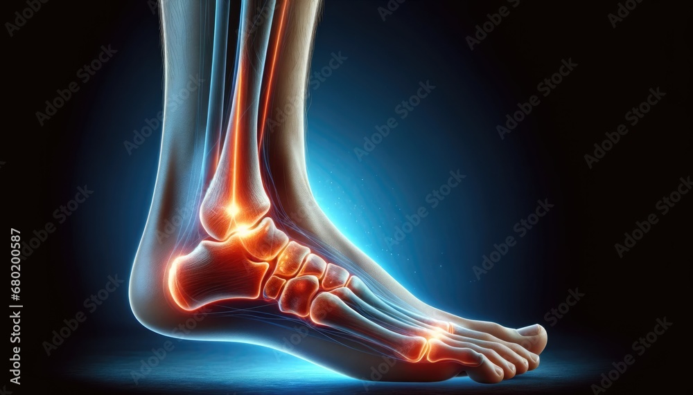 Digital medical illustration showcasing a human foot from a side view with highlighted areas of pain in the ankle and arch. Digital medical illustration showcasing a human foot from a side view with highlighted areas of pain in the ankle and arch.