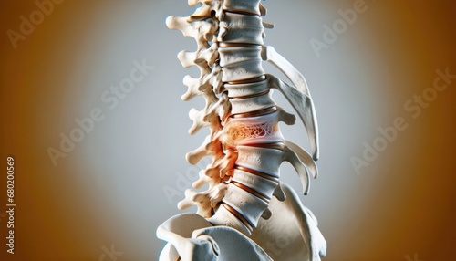 Human spine viewed from the side, with a detailed emphasis on a single bulging disc, demonstrating the potential impact on spinal health and structure.