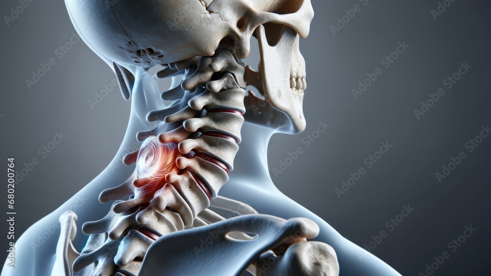 Medical illustration showing a side view of the human spine, highlighting a bulging disc between the vertebrae, detailed to indicate the specific area of pain and potential nerve impingement. - obrazy, fototapety, plakaty 