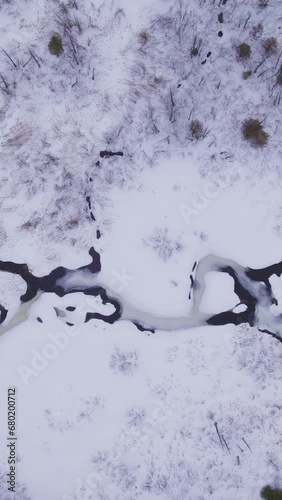 Aerial view of white winter frozen river with  flowing water in Laurentides Canada (ID: 680200712)