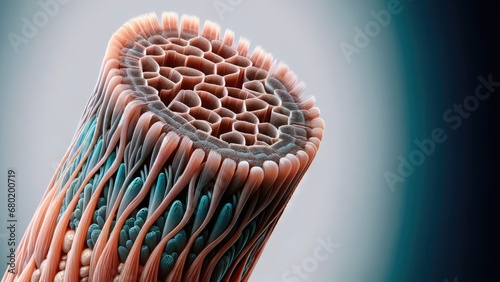 An extremely detailed macro image of a single human hair strand, revealing the complexity of the cuticle, cortex, and medulla layers.