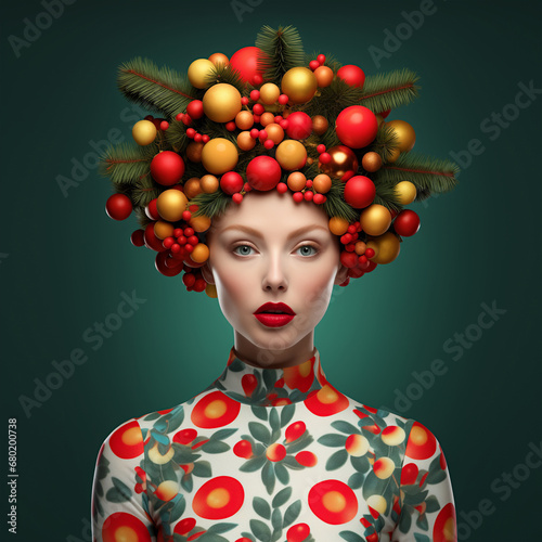 Woman with Christmas decorations on her head.