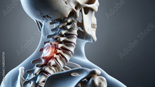 Medical illustration showing a side view of the human spine, highlighting a bulging disc between the vertebrae, detailed to indicate the specific area of pain and potential nerve impingement. photo