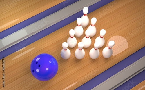 pins stand on a bowling lane with a bowling ball. 3D render