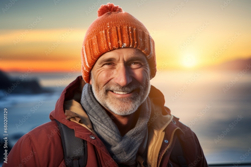Portrait of a joyful man in his 50s dressed in a warm ski hat against a stunning sunset beach background. AI Generation Portrait of a joyful man in his 50s dressed in a warm ski hat against a stunning sunset beach background. AI Generation