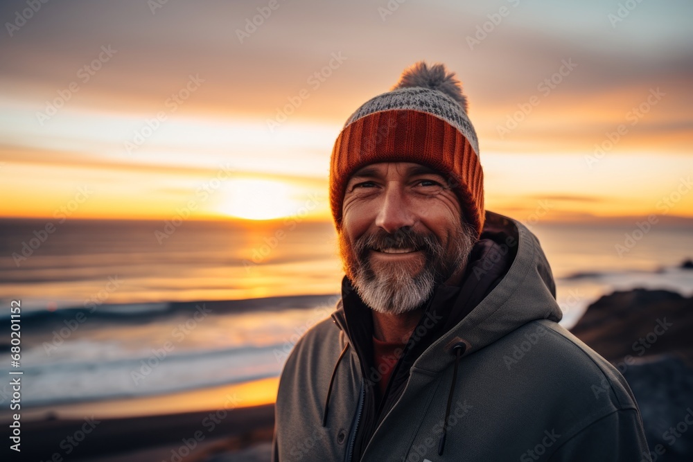 Portrait of a joyful man in his 50s dressed in a warm ski hat against a stunning sunset beach background. AI Generation