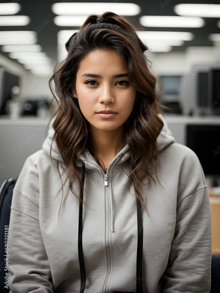 woman wearing a hoodie seated in a modern office. -Ai generator
woman wearing a hoodie seated in a modern office. -Ai generator