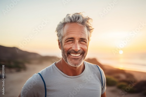 Portrait of a joyful man in his 50s sporting a breathable mesh jersey against a stunning sunset beach background. AI Generation