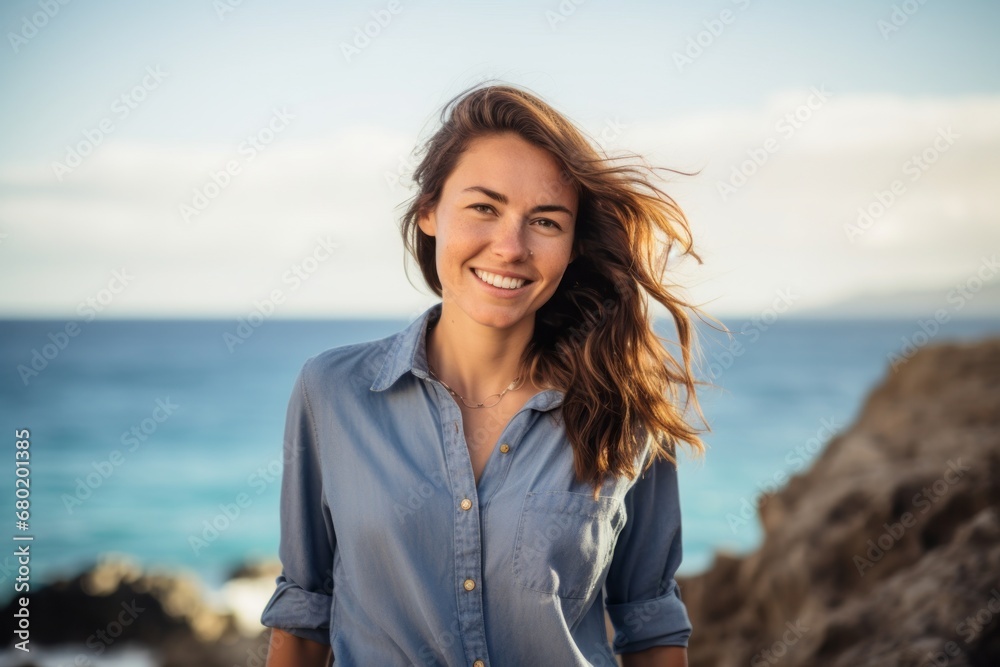 Portrait of a grinning woman in her 30s sporting a versatile denim shirt against a tranquil coral reef background. AI Generation Portrait of a grinning woman in her 30s sporting a versatile denim shirt against a tranquil coral reef background. AI Generation