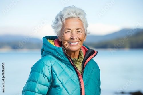 Portrait of a smiling woman in her 70s sporting a quilted insulated jacket against a beautiful lagoon background. AI Generation