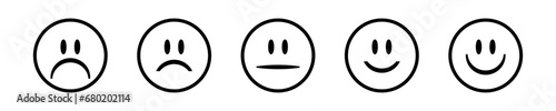 Line face feedback customer satisfaction scale. Emoji happy and sad faces rating.
