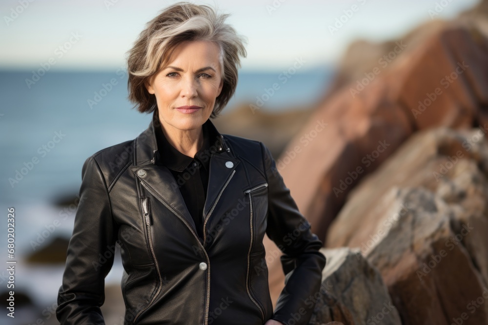 Portrait of a glad woman in her 60s sporting a stylish leather blazer against a rocky shoreline background. AI Generation