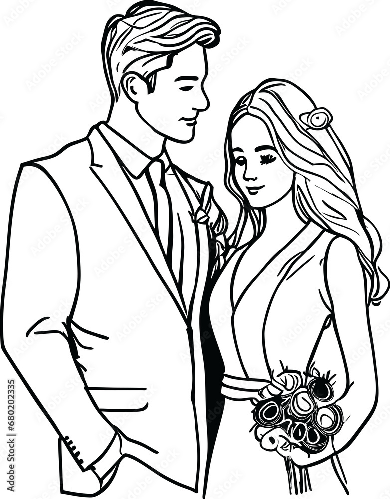 Wedding couple, wedding couple together line art Wedding couple, wedding couple together line art