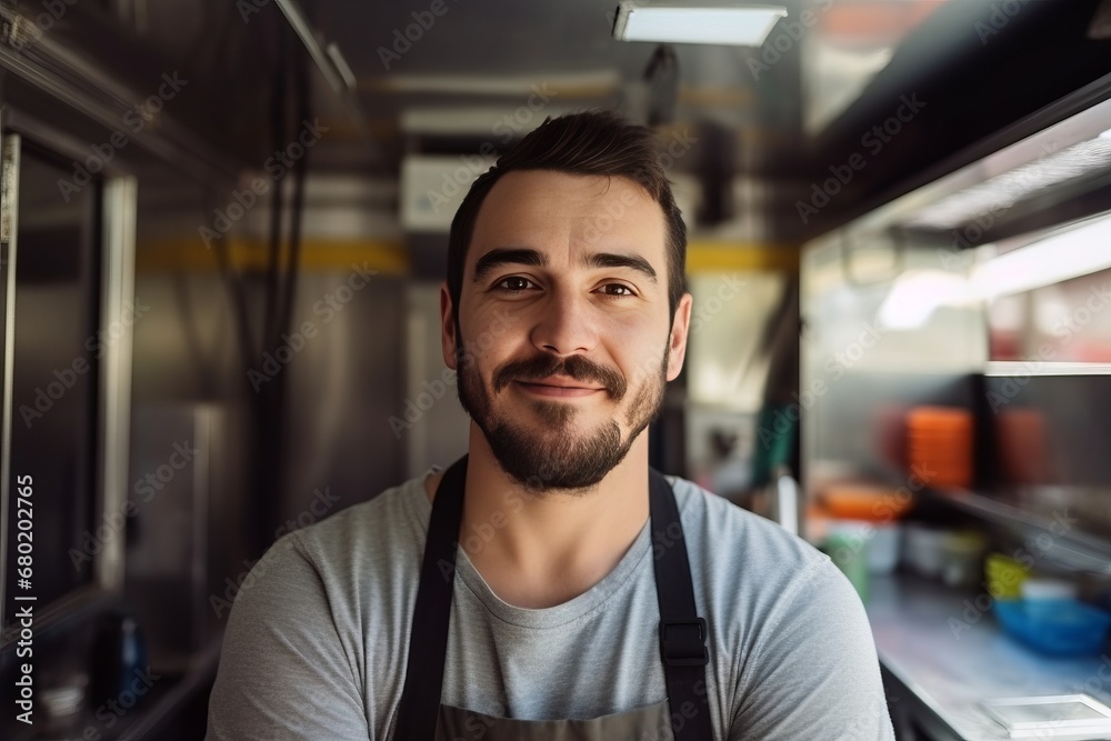Portrait of a caucasian man cook seller of a street food truck, inside of food truck with crossed arms - obrazy, fototapety, plakaty 