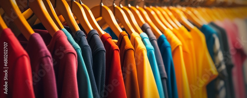 Colorful clothes hanging in row ,Apparel Showcase Hanging Clothes in Row with Vibrant Hues, creating a dynamic and lively atmosphere for your creative projects ,clothesline display adds flair to any