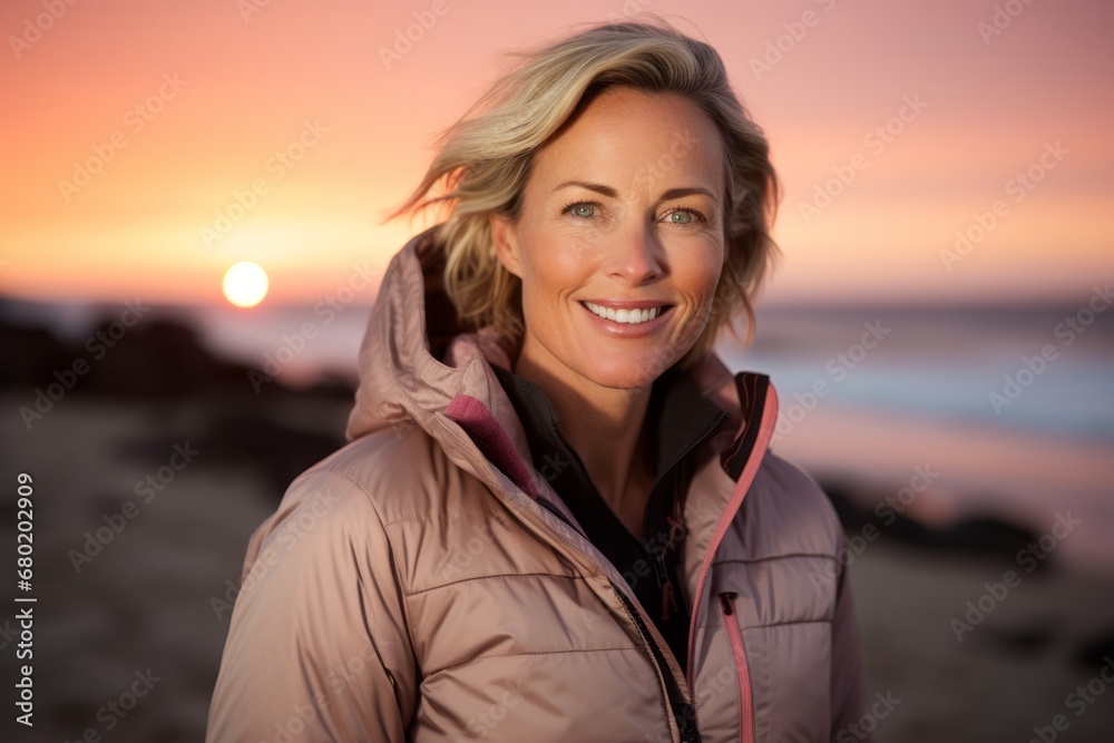 Portrait of a merry woman in her 40s sporting a quilted insulated jacket against a vibrant beach sunset background. AI Generation Portrait of a merry woman in her 40s sporting a quilted insulated jacket against a vibrant beach sunset background. AI Generation