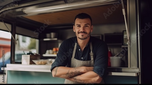 Fototapeta Naklejka Na Ścianę i Meble -  Portrait of a caucasian man cook seller of a street food truck, inside of food truck with crossed arms