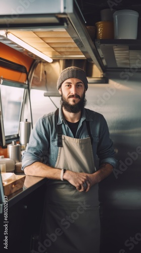 Portrait of a caucasian man cook seller of a street food truck, inside of food truck with crossed arms © Ilia