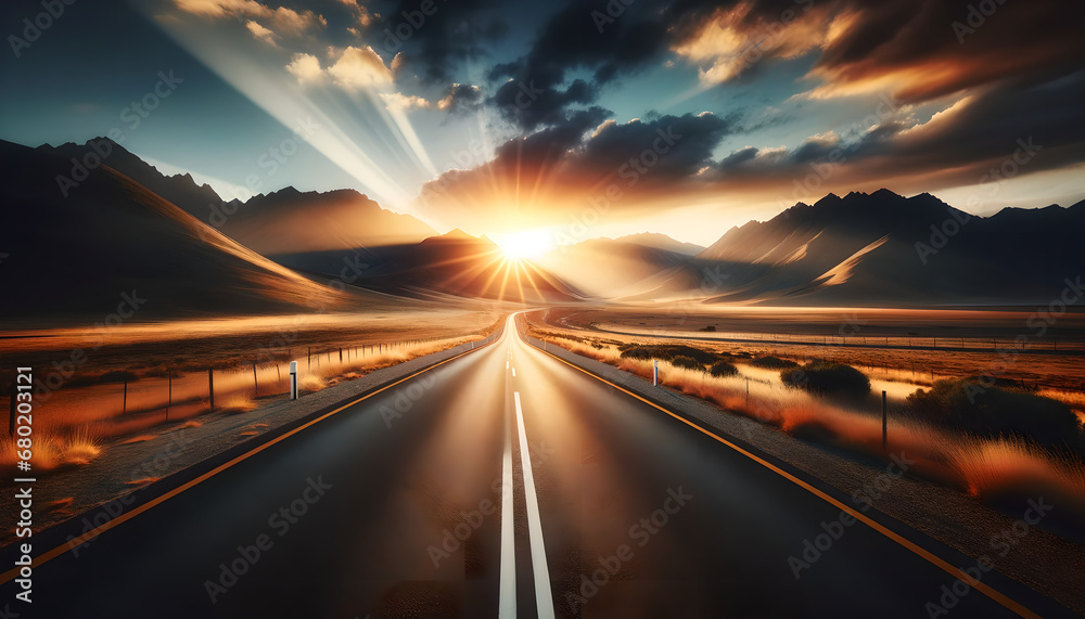 Desert Highway Sunset, Glowing Sun Over Sandy Road, Travel & Adventure Concept Art, Generative AI Desert Highway Sunset, Glowing Sun Over Sandy Road, Travel & Adventure Concept Art, Generative AI