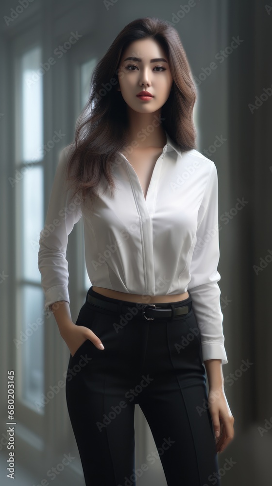 Beautiful Young Woman in Black Pants and White Shirt Beautiful Young Woman in Black Pants and White Shirt
