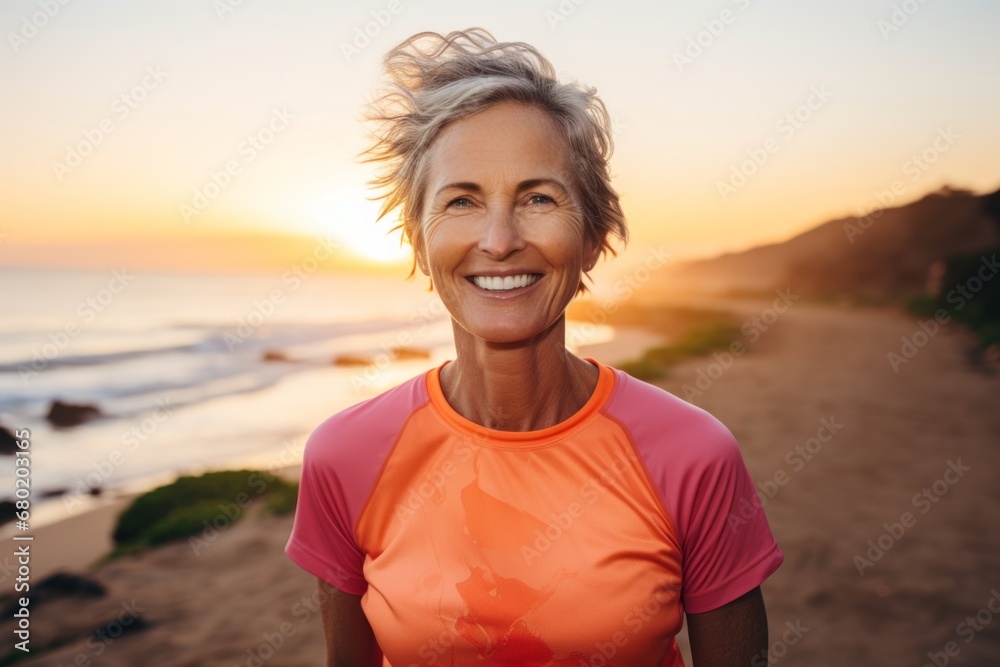 Portrait of a smiling woman in her 50s sporting a breathable mesh jersey against a vibrant beach sunset background. AI Generation Portrait of a smiling woman in her 50s sporting a breathable mesh jersey against a vibrant beach sunset background. AI Generation