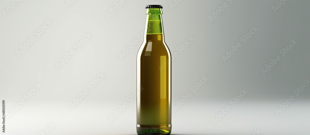 Fototapeta premium On a white background, an isolated green beer bottle containing a generic white cider stands empty, awaiting a pour of fizzy liquid gold known as lager. The blank label invites any brand of beer to