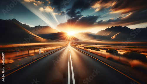 Desert Highway Sunset, Glowing Sun Over Sandy Road, Travel & Adventure Concept Art, Generative AI