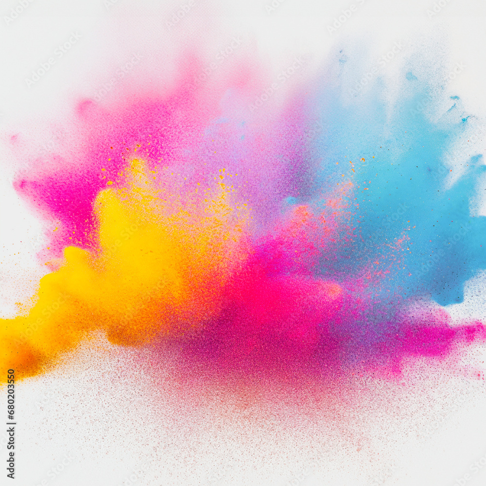 A vibrant eruption of colorful powder against a white backdrop. Generative ai A vibrant eruption of colorful powder against a white backdrop. Generative ai