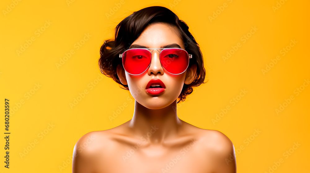 Portrait of a beautiful young woman wearing red sunglasses on yellow background Portrait of a beautiful young woman wearing red sunglasses on yellow background