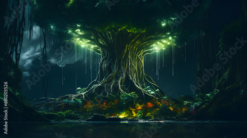 rain forest big tree full view outer glowing neon light effects realistic © Udayakumar
