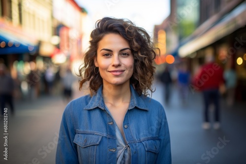 Portrait of a glad woman in her 30s sporting a versatile denim shirt against a vibrant market street background. AI Generation