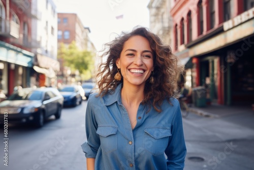 Portrait of a joyful woman in her 30s sporting a versatile denim shirt against a vibrant market street background. AI Generation