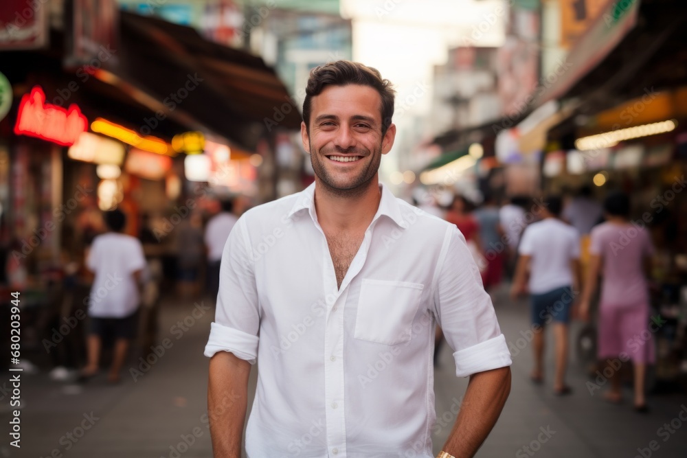Fototapeta premium Portrait of a glad man in his 30s wearing a classic white shirt against a vibrant market street background. AI Generation