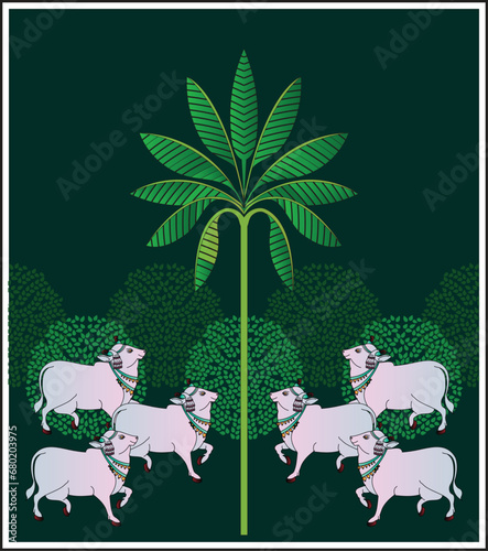 	
Holy cow in Kalamkari Indian traditional folk art on linen fabrics. It can be used for a coloring book, textile/ fabric prints, phone case, greeting card. logo, calendar	
