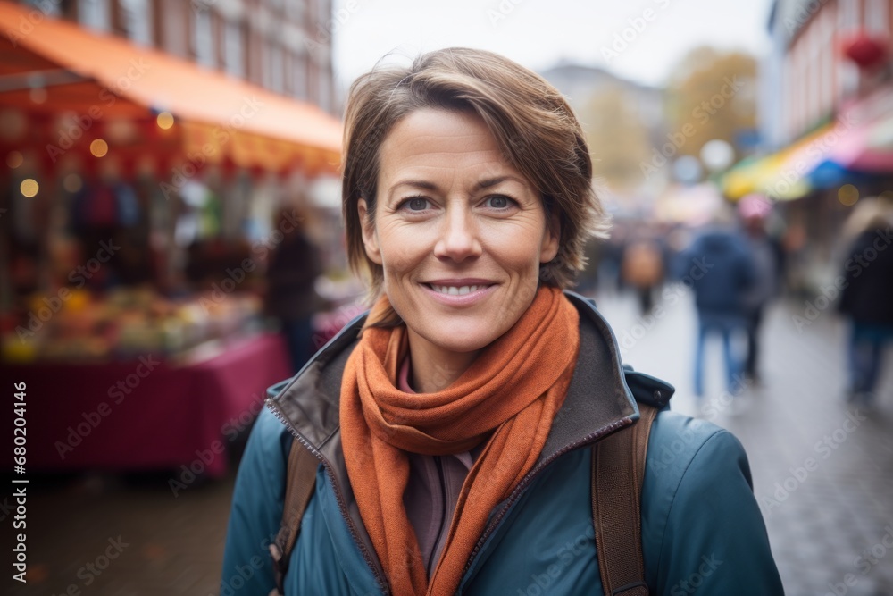 Portrait of a cheerful woman in her 40s dressed in a water-resistant gilet against a vibrant market street background. AI Generation