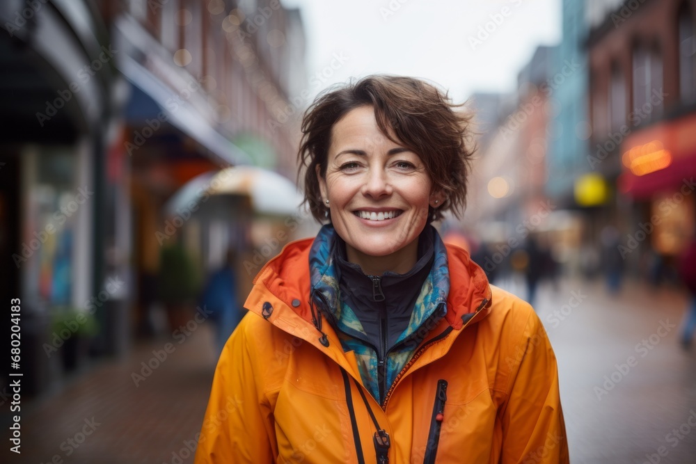 Portrait of a cheerful woman in her 40s dressed in a water-resistant gilet against a vibrant market street background. AI Generation Portrait of a cheerful woman in her 40s dressed in a water-resistant gilet against a vibrant market street background. AI Generation