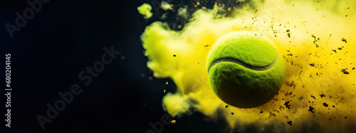 tennis ball flying through the air with an explosion of bright yellow smoke in front of a black background, tennis sport concept in panorama, design banner for your text photo