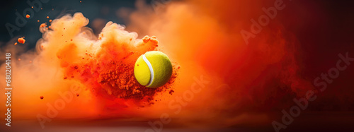 Tennis Ball Soaring Through the Air, Surrounded by an Orange Clay Dust Cloud, yellow ball contrast with orange background, intense activity concept in panorama wallpaper, banner with place for text  © THINGDSGN