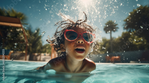 Capturing the Essence of Summer: A Child's Joyful Dive into Crystal-Clear Pool Waters, Frozen Splashes, and Mid-Air Jumps of Carefree Energy.  © Matyfiz