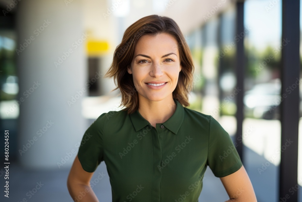 Portrait of a blissful woman in her 30s wearing a sporty polo shirt against a sophisticated corporate office background. AI Generation