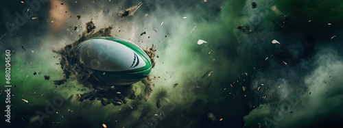 A Green and White Rugby Ball Soaring Through the Air in an explosion of green smoke, piece of dirt and stadium turf, dynamic and original composition of a ball frozen in time, panorama banner  photo